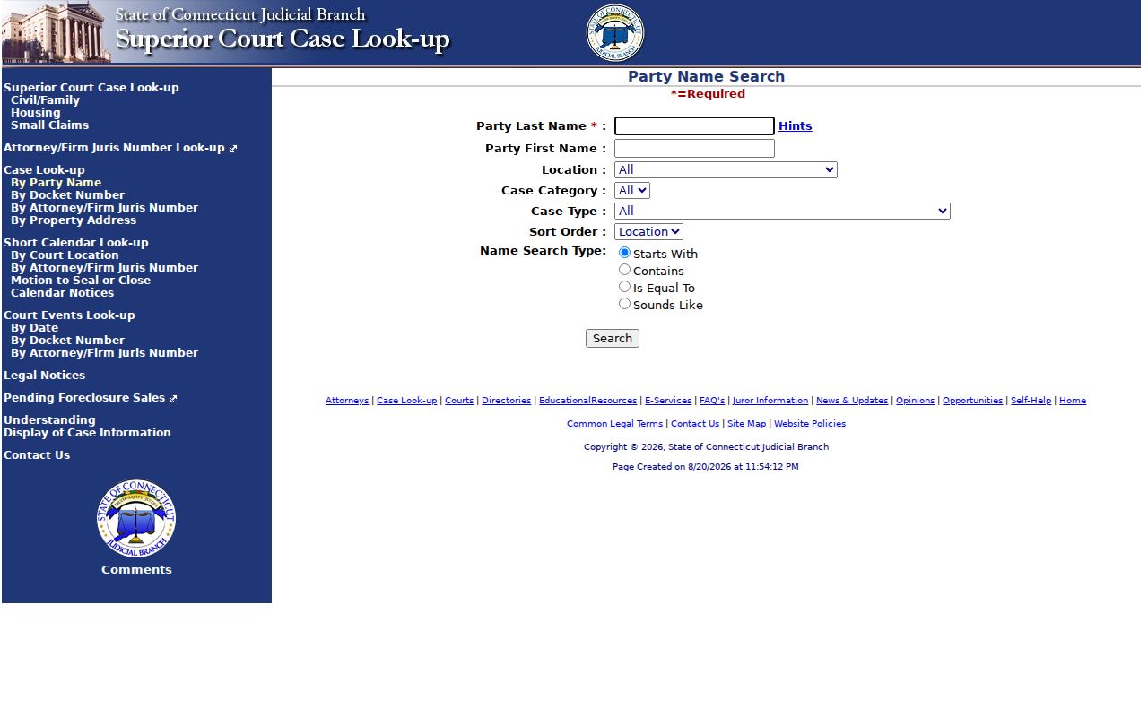 Connecticut civil court party name search fields
