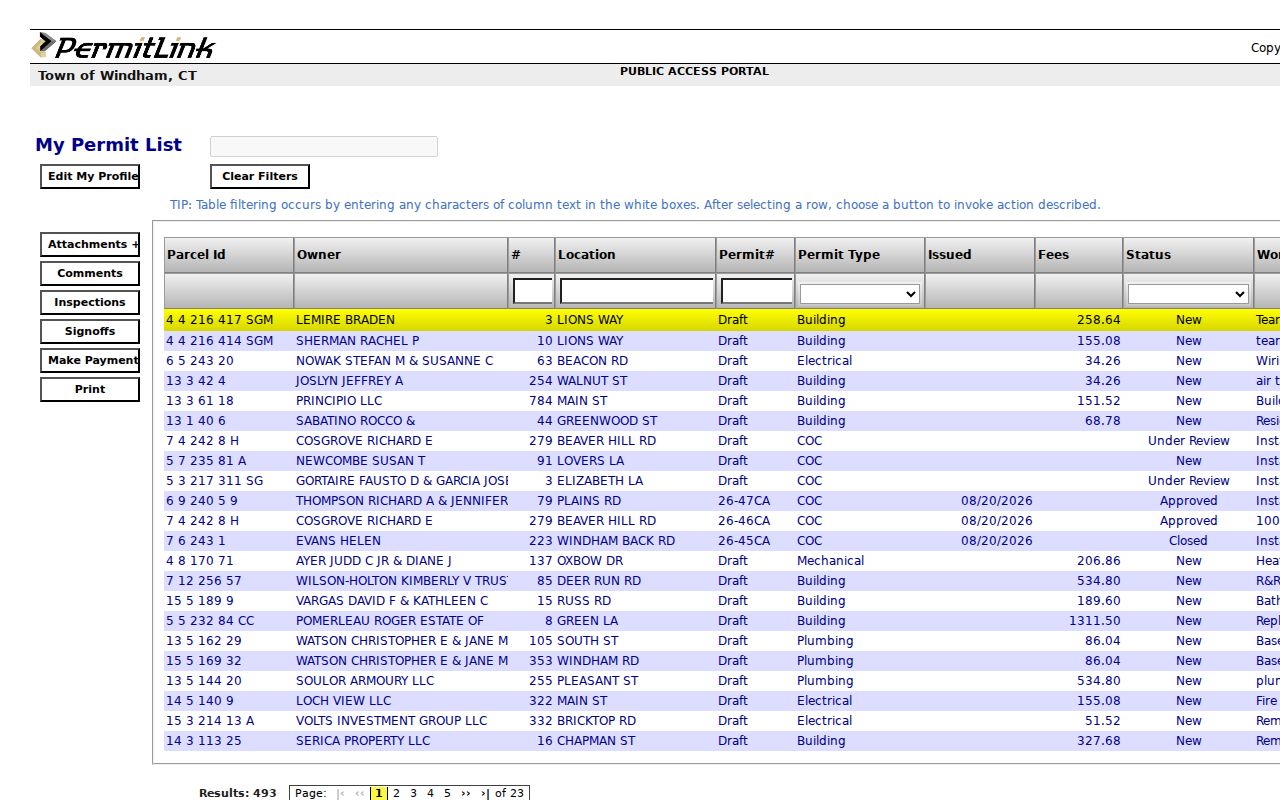 Windham street directory public permit list and address fields