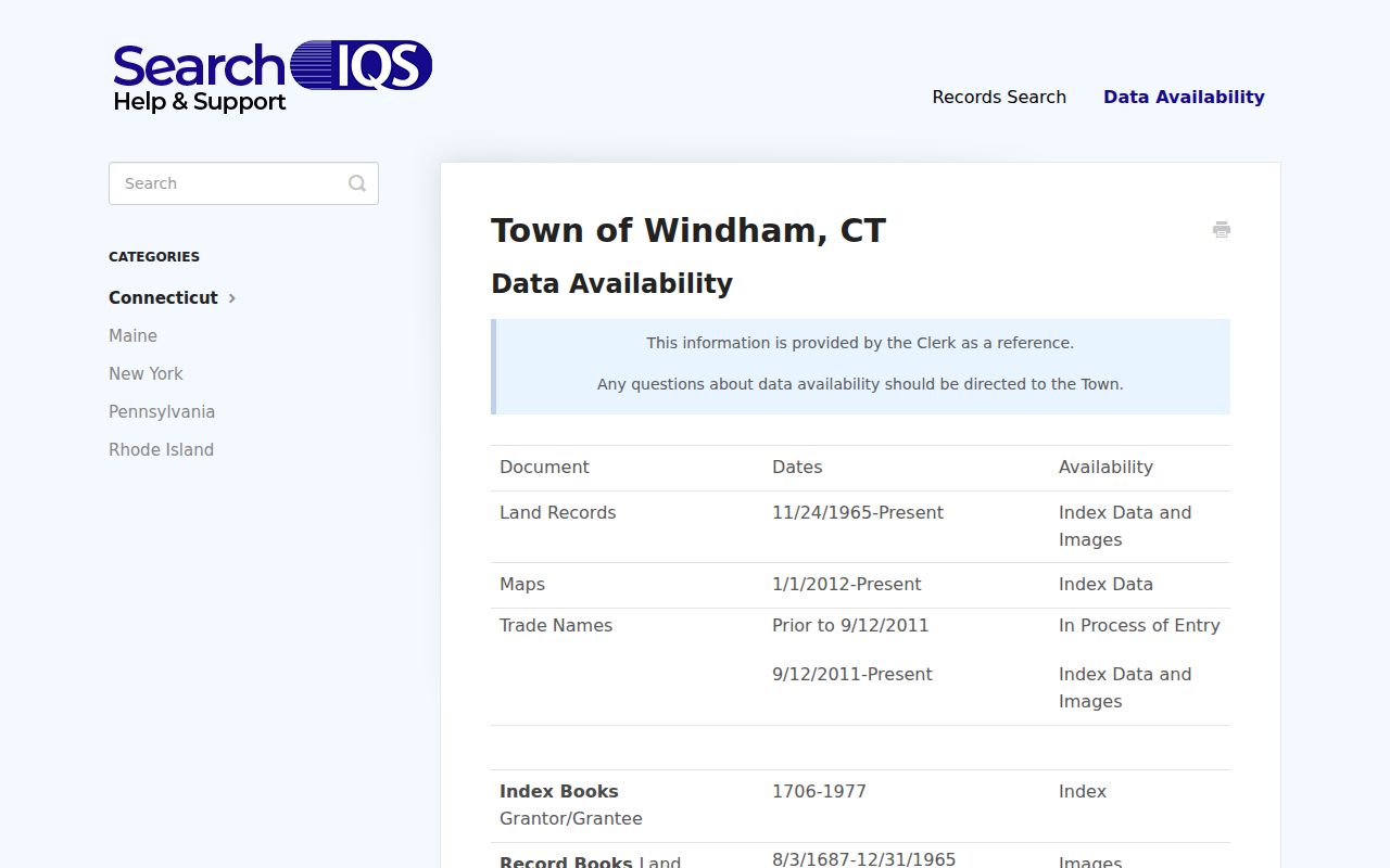 SearchIQS Windham land record coverage dates for previous resident research